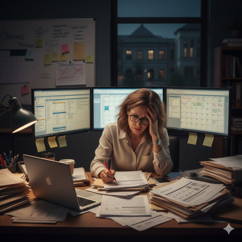 Visual showing an overwhelmed faculty member buried in paperwork